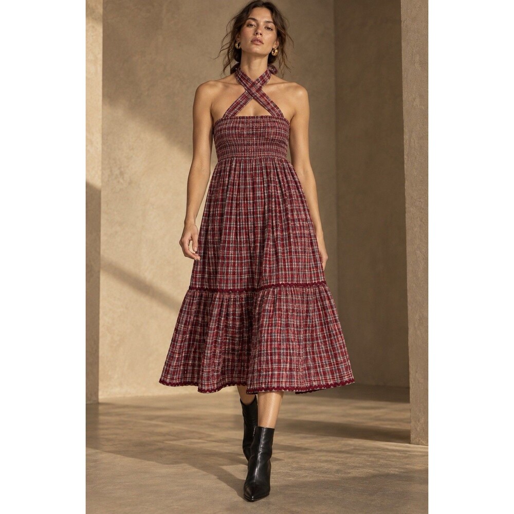Damson Madder Red Plaid Smocked Convertible Halter Midi Dress UK 14 US 10